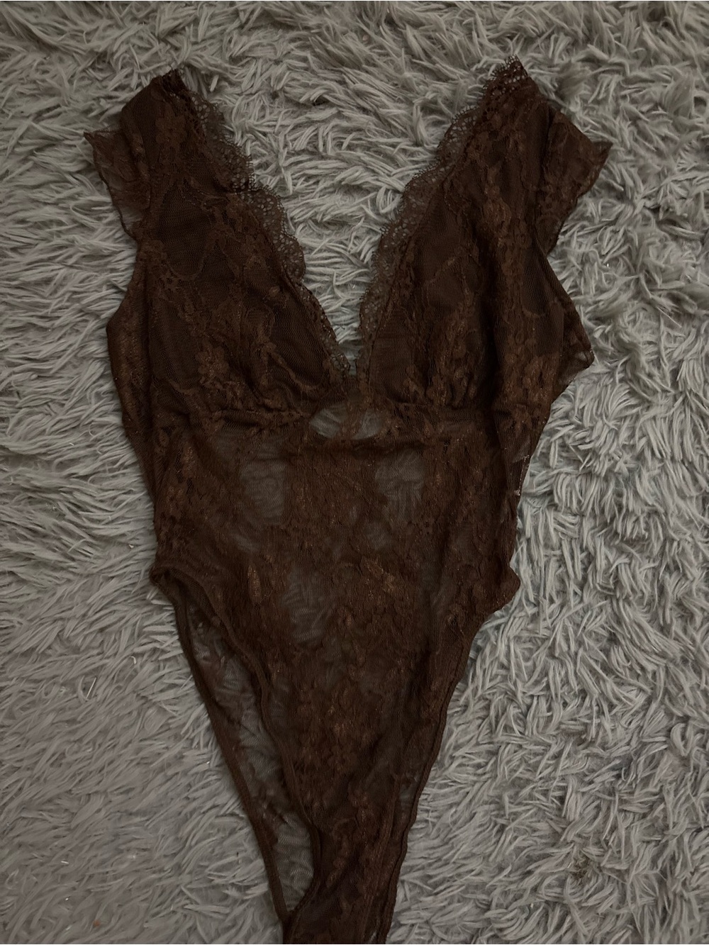 SHEIN Brown Lace Plunge V-Neck Bodysuit